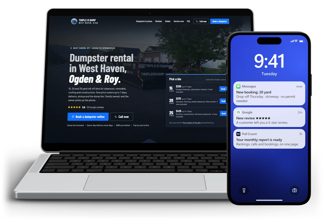 Triple R Dump’s website on a laptop beside a phone showing a new booking text and a new five-star review