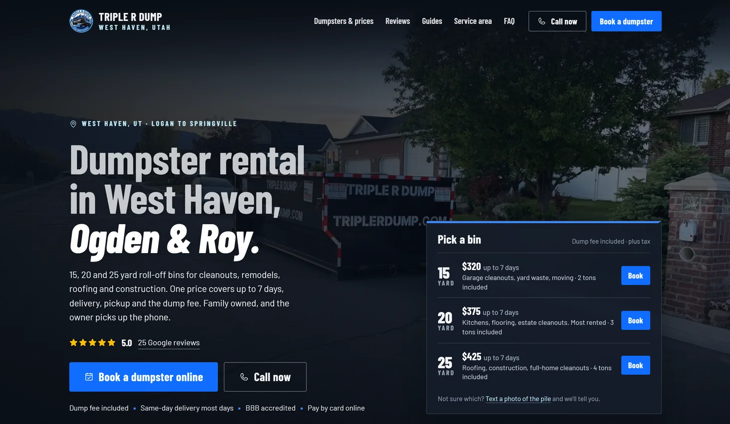Triple R Dump’s home page: Dumpster rental in West Haven, Ogden and Roy, with a Pick a bin card showing three sizes and prices